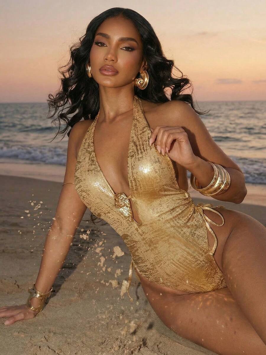 Silquee Modischer und sexy rückenfrei Badeanzug mit Bindedetail für Damen, Metalldekor, Strand-/Resorts-Stil - Gold - Übersicht 1