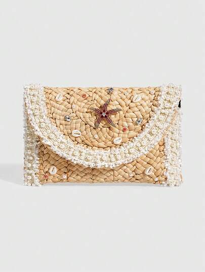 Viva Strut 1Pc Bohemian Vacation Style Corn Husk Woven Clutch, Rhinestone Starfish Decor, Women's Evening Bag,Spring Summer Resort Woven Clutch, Starfish & Pearl & Shell Decor, Corn Husk Handbag For Women
