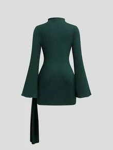 Sweetra Plus Size Women Metal Crescent Moon Buckle Dress - Dark Green - View 2