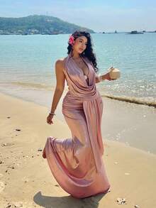 Sunnyshic 沙滩女装，露背，生日礼服，度假，外出上衣，邮轮奢华晚宴生日迷你连衣裙两件套，垂褶领镂空吊带修身美人鱼裙，夏季新款小众度假风性感露脐上衣露背系带低胸欧美性感吊带无袖修身长款紧身裙两件套 - 粉色 - 查看 1