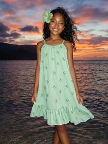 SHEIN Sparklyn Tween Girl Bow Striped Print Ruffle Hem Cami Dress - Green - View 3