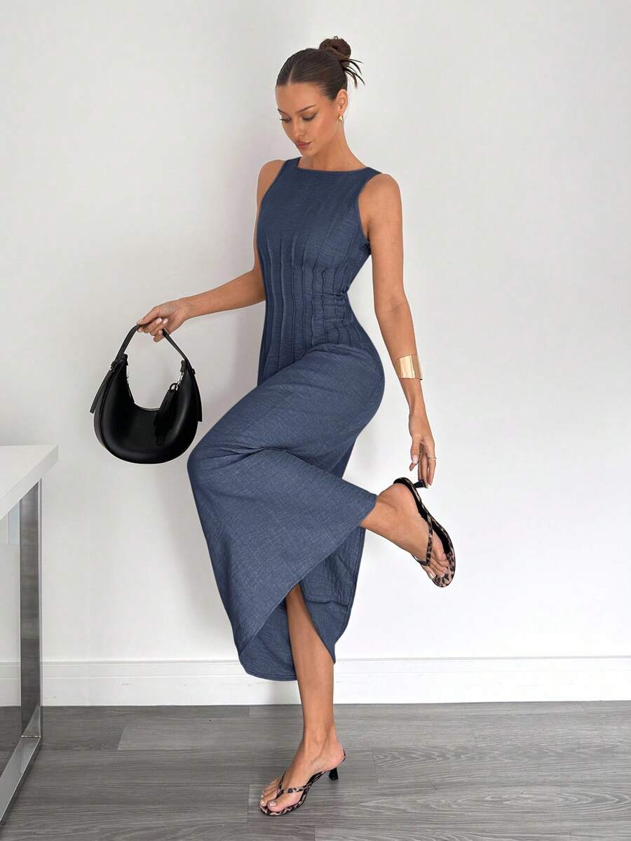 Siren Gaze Đầm chữ A xếp ly eo mùa hè mới, giúp thon gọn vóc dáng. - Xám Xanh - Xem 1