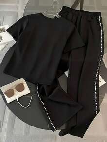 Resyla 2件套 时尚手工珍珠装饰圆领短袖女式上衣 - 彩色 - 查看 2