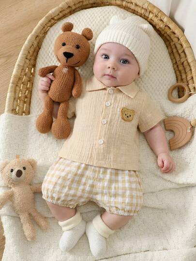 SHEIN 2 Pieces Set For Newborn Boys: Summer Apricot-Colored Button-Down Shirt With Bear Embroidery And Checkered Shorts Comfortable Fabric, Simple And Casual Style Baby Boys Sets Baby Boy Beige Outfit Vintage Neutral Baby Clothes Natural Baby Clothes Newborn New Born Neutral Outfit Stylish Newborn Summer Outfit Gender Neutral Baby Clothes Summer Newborn Neutral Outfit Baby Boy Tan Outfit