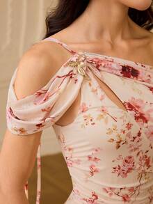 ZEYLAH Đầm cổ lệch in hoa thanh lịch, thích hợp cho mùa xuân/hè. - Hồng - Xem 2