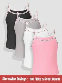 SHEIN 4pcs/Set Tween Girl's Letter Print Lace Trim Cami - Multicolor - View 1