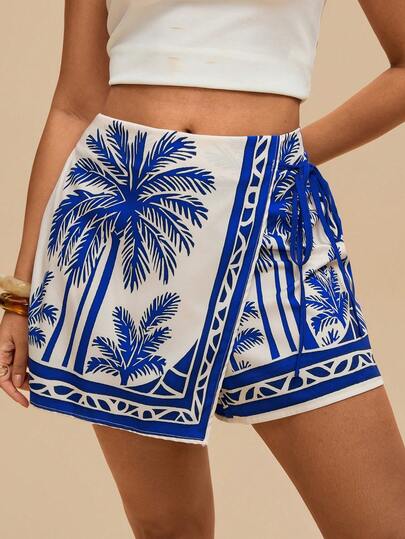 Travachic Plus Size Women Palm Tree Print Side Tie Waist Casual Culottes