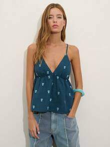 Nöista Áo hai dây họa tiết thêu, cổ chữ V sâu và eo thon gọn. Thích hợp cho mùa xuân, hè, lễ hội âm nhạc. - Màu xanh hải quân - Xem 1