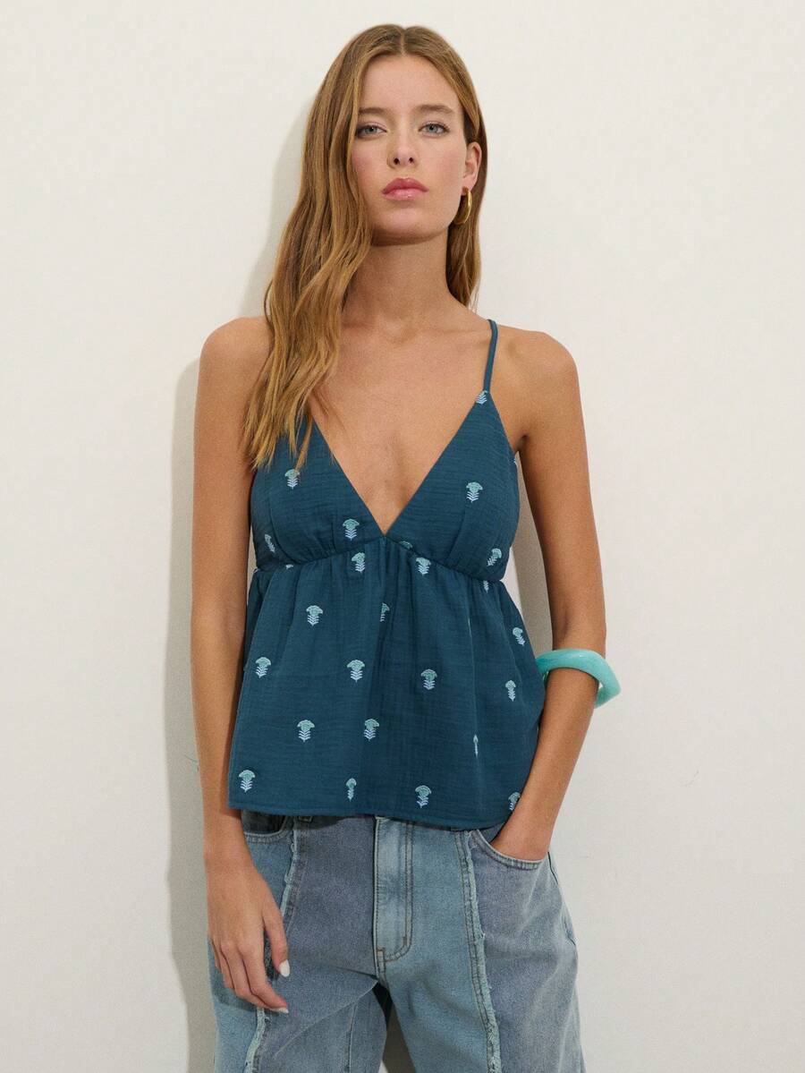 Nöista Áo hai dây họa tiết thêu, cổ chữ V sâu và eo thon gọn. Thích hợp cho mùa xuân, hè, lễ hội âm nhạc. - Màu xanh hải quân - Xem 1