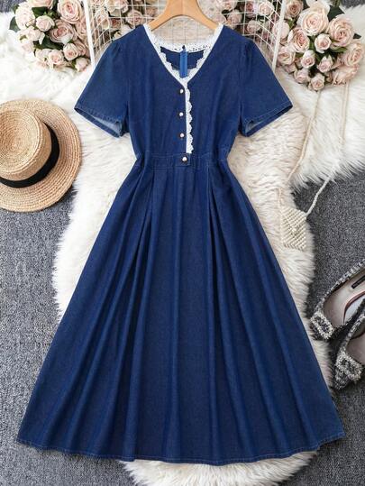 GlowEve CURVE Plus Size Women's Contrast Lace Short Sleeve Casual Denim Dress Summer