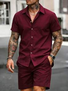 Manfinity RSRT Men's Casual Vacation Short Sleeve Shirt Set - Burgundy - View 3