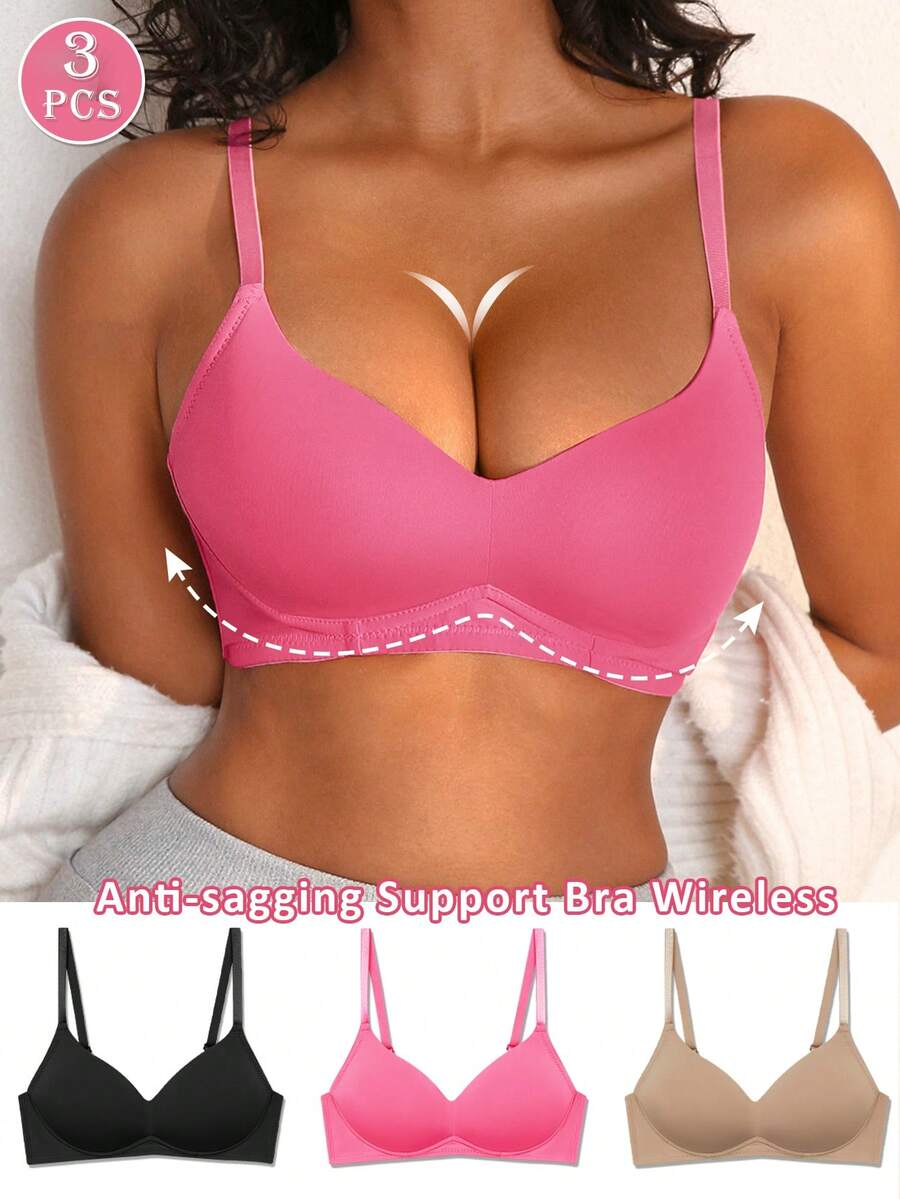 NudeFit 3 piezas Ropa interior cómoda y casual para mujer, minimalista y unicolor, sin aros, con copa suave y anti-caída - Multicolor - Ver 1