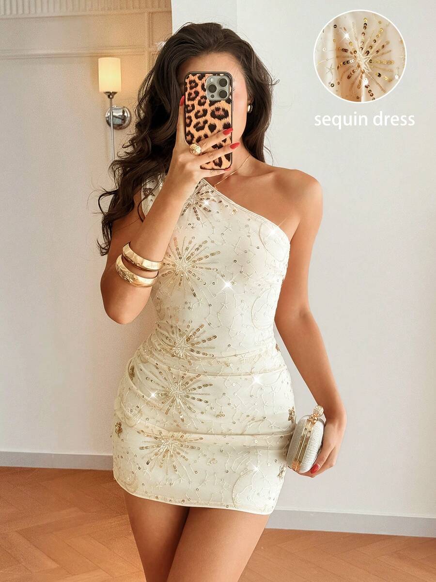 Rafferiza 女士优雅亮片迷你连衣裙，单肩亮片连衣裙，度假连衣裙，约会连衣裙 - 彩色 - 查看 1