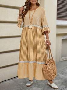 Ropa de invierno talla grande para mujer, conjunto de vacaciones, disfraz de mujer, vestido casual largo suelto con cuello redondo, mangas acampanadas, volantes en el bajo, a rayas - Mostaza Amarilla - Ver 2