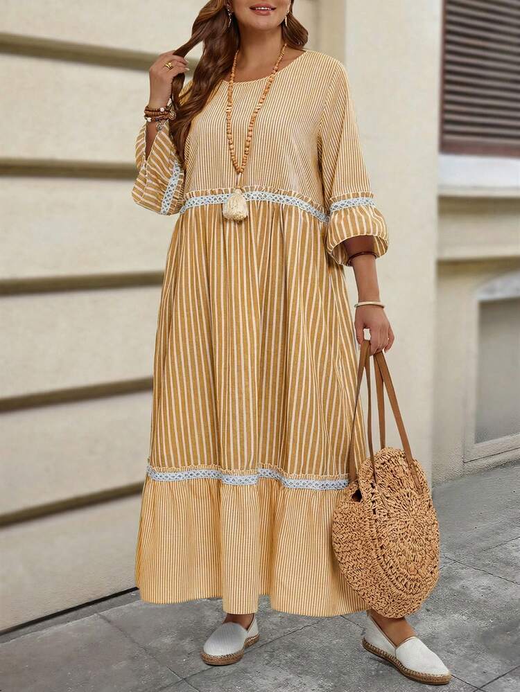 Plus Size Winter Clothes For Women Vacation Outfits Woman Costume Women Striped Round Neck Flared Sleeve Ruffle Hem Loose Long Casual Dress