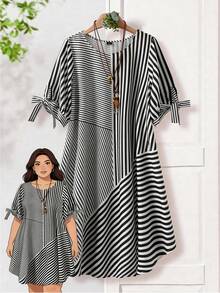 Rusticease Damen Große Größen gestreiftes Rundhals Kurzarm Lässig Loose Kleid - Schwarz und Weiss - Übersicht 1