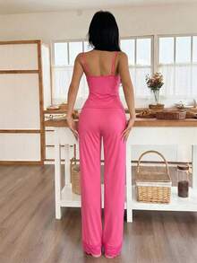 SweetSlumber Lace Patchwork Camisole And Pants Women Pajama Set - Hot Pink - View 2