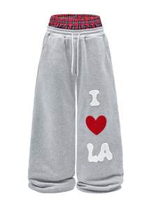 PAVTROS 男士街头风流行双腰格纹腰带，饰有“我爱你”3D毛巾刺绣，适合户外音乐节、日常出行、朋友聚会、送给男友/老公的礼物、周年纪念日，二合一浅灰色裤子 - 彩色 - 查看 3