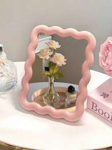 1PC Cute Makeup Mirror, Cream Wavy Design, Mountable On Desk Or Wall, Portable Travel Makeup Mirror, Suitable For Dorm, Vanity, Office, Makeup, Affordable, Room Decor, Vanity, Travel, Bedroom, Makeup Accessory, Mirror, Vanity Mirror, Mini Mirror, Compact Mirror, Small Mirror, Handheld Mirror, Tabletop Makeup Mirror, Holiday And Valentine's Day Gift - Multicolor - View 3