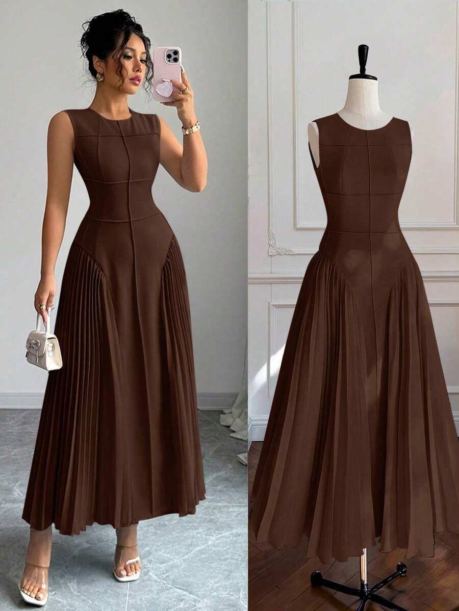 Rafferiza Women's Spring/Summer Minimalist Design Sense Stand Collar Sleeveless Pleated A-Line Dress - Brown - View 1