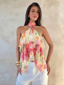Aloruh Women's Sleeveless Halter Neck Floral Print Ruffle Hem Tank Top, Spring/Summer - Multicolor - View 2