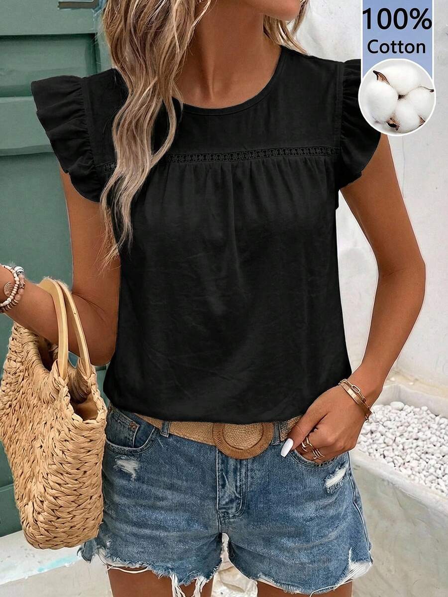 SHEIN Frenchy 100%纯棉黑色短袖女式T恤 - 黑色 - 查看 1