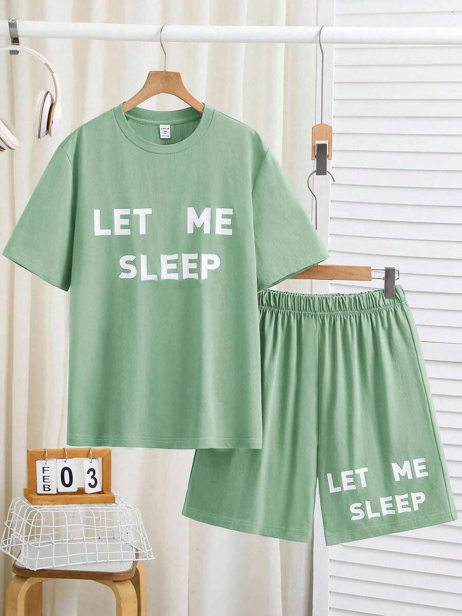 SHEIN Teen Boy Casual Letter Print Pattern Crew Neck Short Sleeve Top And Shorts Knit 2-Piece Loungewear Set - Mint Green - View 1