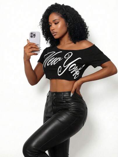 Mistrie Top corto holgado con hombro asimétrico para mujer