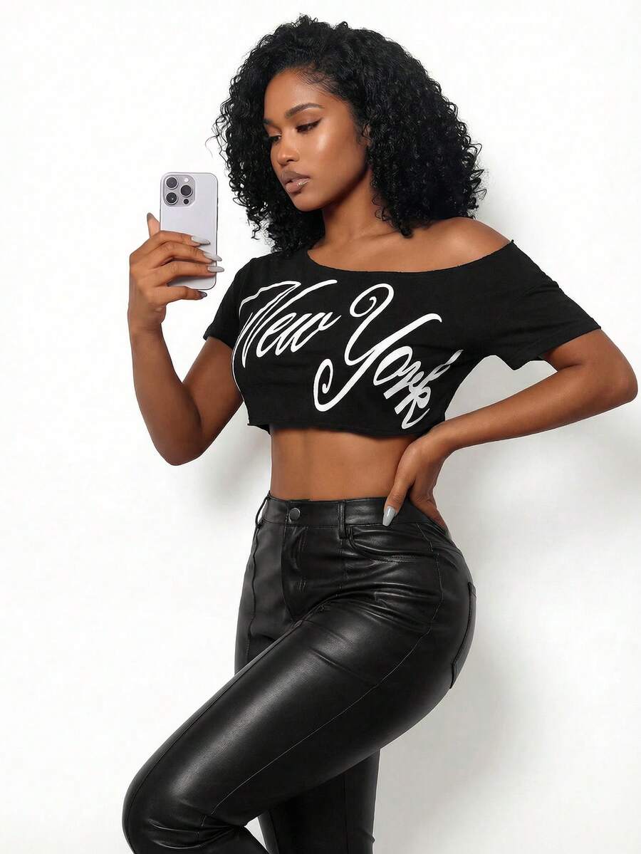 Mistrie 性感不对称露肩宽松短款女式上衣 - 黑色 - 查看 1