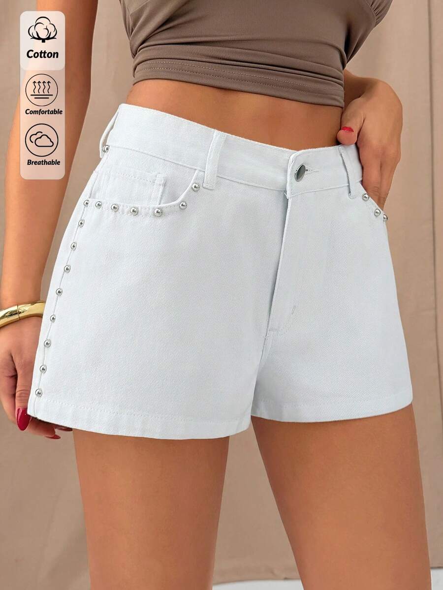 SHEIN Solid Color, Studded Trim, Comfort & Cotton, Low Rise, White Denim Shorts - White - View 1