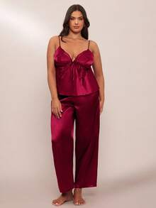 SHEIN BAE Borboleta Bordado De Seda Sexy Backless Cami Top E Calças Compridas Plus Size Conjunto De Pijama - Borgonha - Ver 3