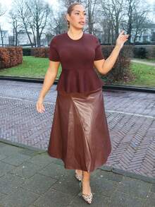 MelDlgn Plus Size Elegant PU Leather A-Line Skirt, Slimming And Commuter-Friendly - Coffee Brown - View 6
