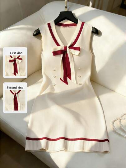 Franclia Women's Spring/Summer Thin Casual Elegant Everyday Versatile Color-Blocked V-Neck Ribbon Shoulder Sleeveless Slim Fit Short Color-Blocked Bodycon Knit Sweater Dress With Pearl Buckle Design, Color-Blocked Ribbon, Bow, Elegant Party Dress, Women's Elegant Outfit, Women's Vacation Outfit, Women's Casual Dress, Sleeveless Dressfashionable Casual Commuter Wear, Business Office Wear, Versatile And Stylish Everyday Casual Wear, Urban Teacher's Professional Attire Sailor Outfit Women Preppy Dress Tie D