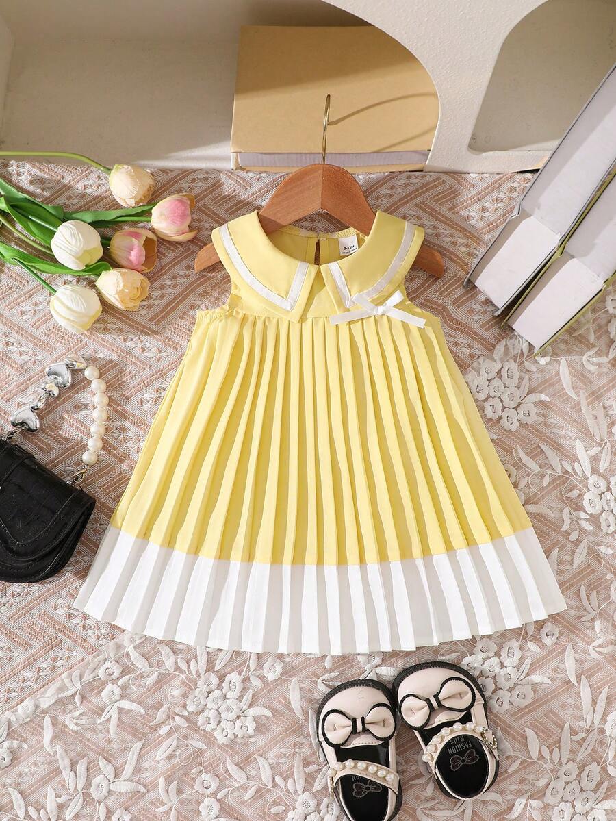 Elladie kids 女婴休闲可爱撞色褶皱连衣裙 - 黃色 - 查看 1