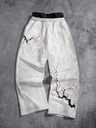 Manfinity ZONE917 宽松街头风做旧灰色花卉撞色腰带直筒双腰带运动裤，版型宽松舒适，约会聚会必备，送给男友/男性朋友的礼物