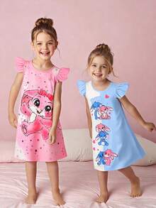 Cute Elegant Casual And Comfortable Cartoon Rabbit Pattern Ruffled Sleeve Crew Neck Dress For Toddler Girls Set Set Of 2 Summer Sweet Girly Style Cute And Comfortable 2026 New Resort Atmosphere Relaxed And Comfortable Girl Outfit Set Girls' Children's Clothing - Multicolor - View 7