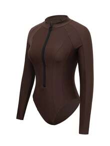 Swim SPRTY Women's Deep Brown Zipper Long Sleeve Fitted Sexy Beach Surfing Jumpsuit Swimsuit, Summer - Brown - View 8