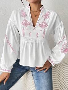 SHEIN LUNE Women's Shirred Graphic Print Long Sleeve Button Shirt Peplum Top - Pink - View 5