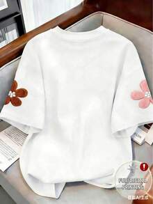 Camiseta de mujer con cuello redondo, estampado digital de flores y tachuelas - Blanco - Ver 2