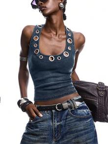 LYSMO Women's Hollow Circle Halter Backless Camisole - Blue - View 5