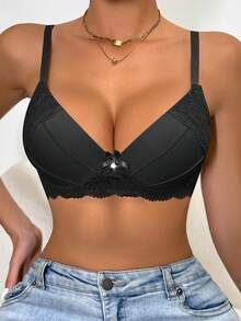 DesireSculpt Áo ngực nữ thoải mái, màu trơn, ren hoa, viền ren lượn sóng, thắt nơ trang trí, dây mảnh, gọng nâng đỡ, nâng ngực tức thì. - màu đen - Xem 6