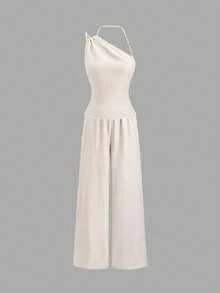 Sweetra Women's New Year Asymmetrical Beaded Halter Neck Shirred Asymmetric Shoulder Blouse And High Waist Pleated Wide Leg Pants 2 Pieces Set, Beige - Beige - View 3