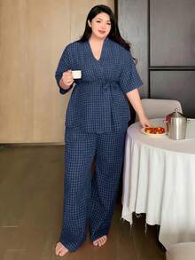 Dazy Plus Conjunto de pijama con cordón estilo tartán, apto para todas las estaciones - Azul Marino - Ver 6