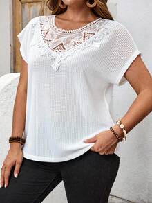 EMERY ROSE Blusa de encaje de unicolor con parches para mujer de talla grande, para verano/vacaciones de playa, para salir, elegante, de encaje blanco, blusa de verano de encaje, blusa de malla blanca bohemia con ribete de encaje - Blanco - Ver 1