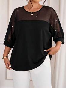 Cravure Camisa de manga 3/4 con cuello redondo y tela de lentejuelas, con puños de tela tejida de color contrastante, manga raglán, para uso casual, vacaciones, viajes y fiestas, talla grande - Negro - Ver 3