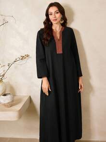 Al Najma Women's Elegant Black V-Neck Embroidered Long Sleeve Maxi Dress,Modest Casual Loose Party Dresses For Autumn Family Al-Adha,Zanea Yisikado Z9v7r - Black - View 4