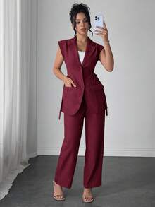 Modelyn 女款秋季酒紅色兩件式套裝，優雅無袖西裝外套與長褲，現代側綁腰商務正裝，適合女士辦公室工作 - 紅色 - 查看 5