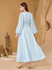 SHEIN Najma Đầm thời trang cổ điển lãng mạn tay phồng họa tiết hoa, thắt eo dành cho nữ - Màu xanh nhạt - Xem 2