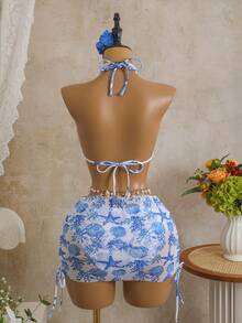 Bellisia Bộ bikini 3 mảnh gợi cảm họa tiết da báo, cổ yếm, cúp ngực tam giác, chất liệu lưới, buộc dây bên hông, dành cho nữ, thích hợp cho kỳ nghỉ. - Xanh và trắng - Xem 5