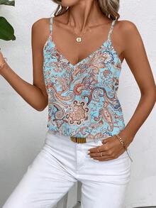 EMERY ROSE Blue Paisley Print Women Casual Tank Top, Suitable For Summer,Island Vacation Outfits,Going Out Tops,Cute Tops - Multicolor - View 1